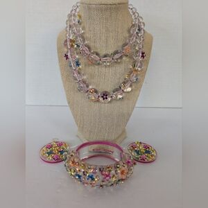 Betsey Johnson Necklace, Earrings Clamp Bracelet Set Lucite Multicolored.
